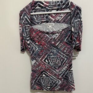 St.John Sport Graphic Print Short Sleeve Top with Square Neckline.& Studs.